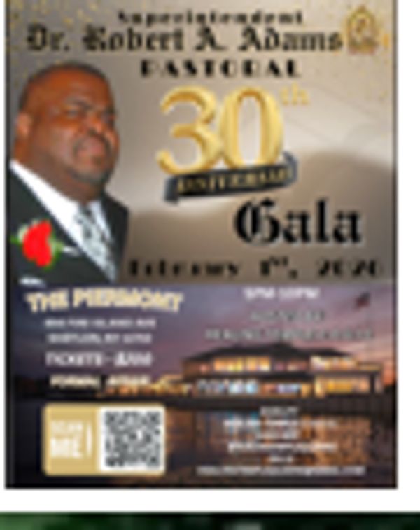 Invitation for Dr. Robert A. Adams' 30th Pastoral Anniversary Gala on February 1st, 2024.