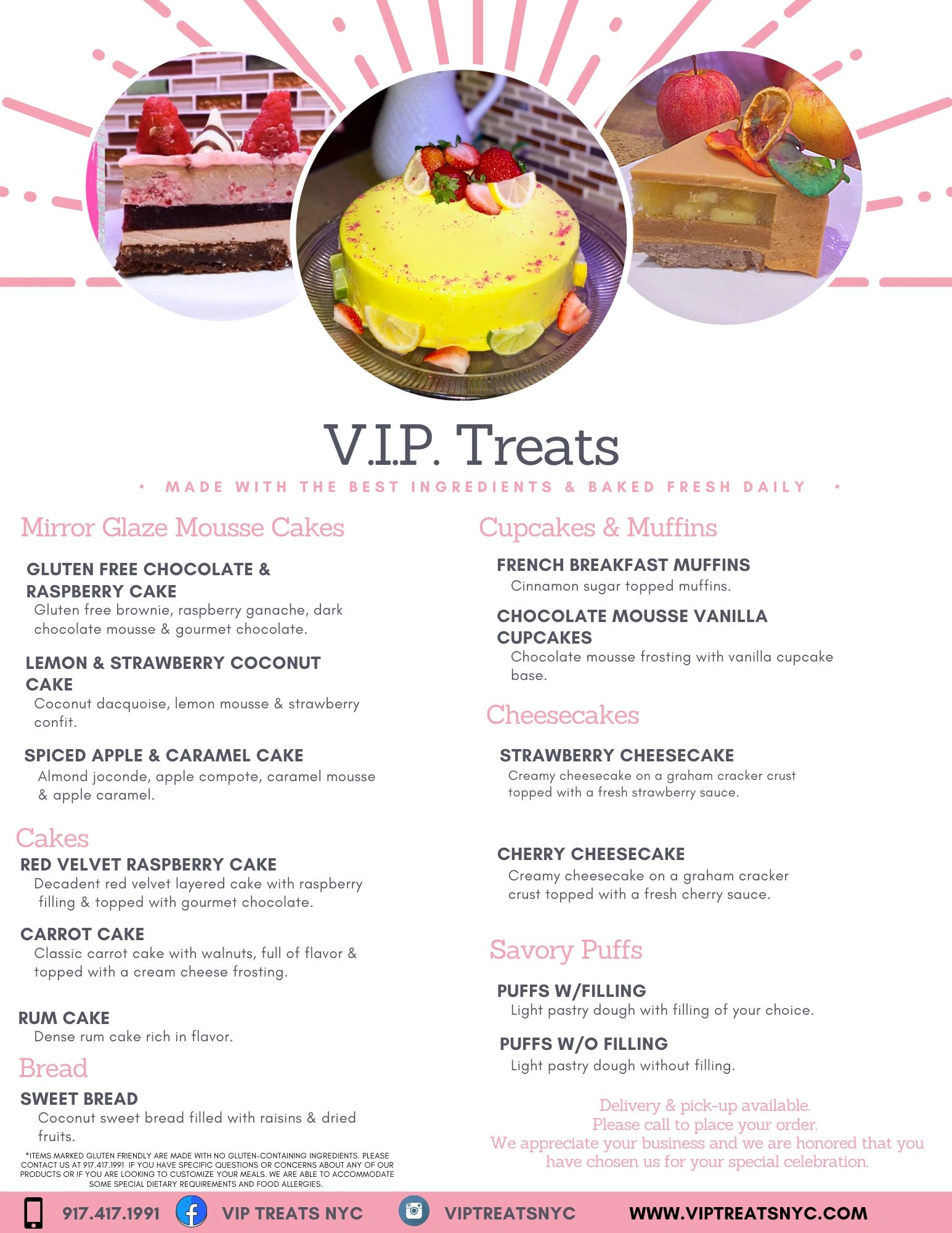 Menu for V.I.P. Treats featuring cakes, muffins, cheesecakes, and breads.