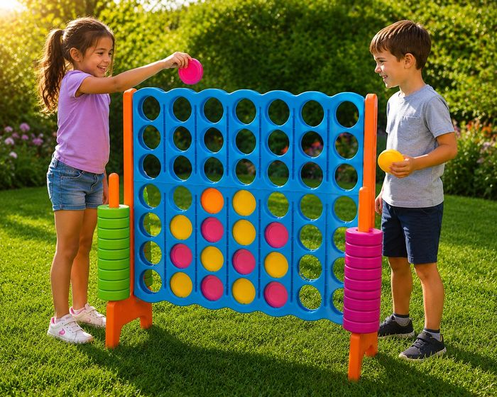 Two children playing a giant Connect Four game outdoors on a sunny day.