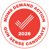 Moms Demand Action 2026 Gun Sense Candidate badge with fork and knife icon.
