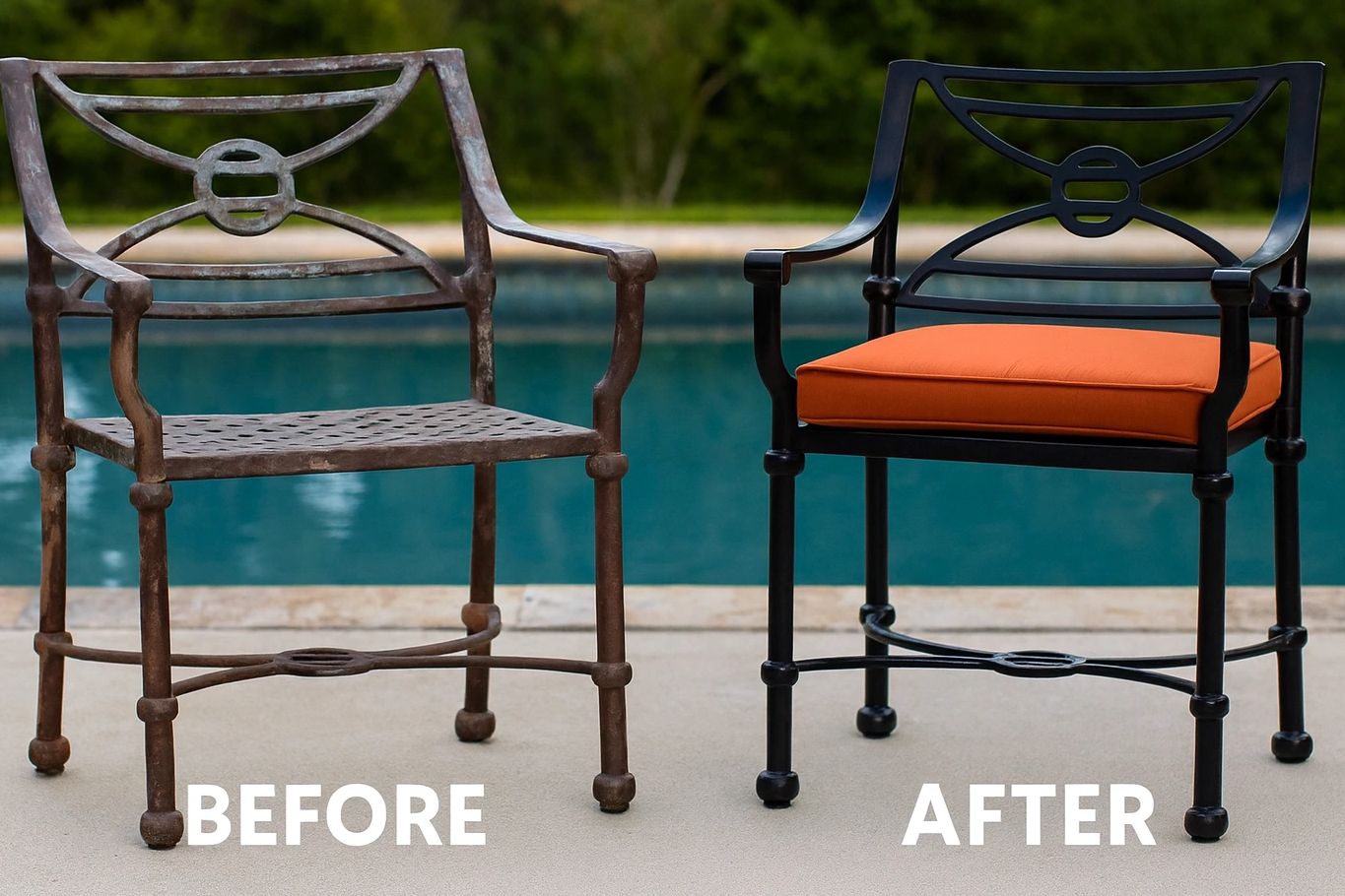 Side-by-side comparison of an old rusty metal chair and a restored black metal chair with an orange cushion.