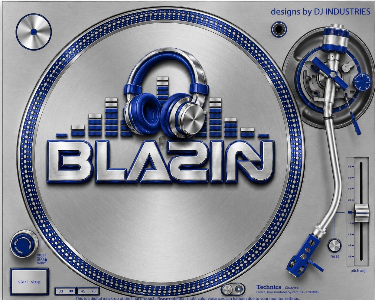 Turntable design with 'BLAZIN' and headphones logo.