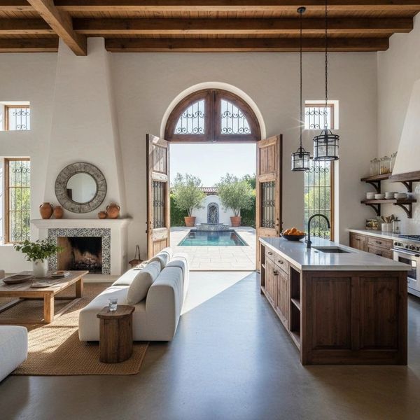 A modern Spanish house with a cozy that includes a kitchen and beautiful cabinetry.