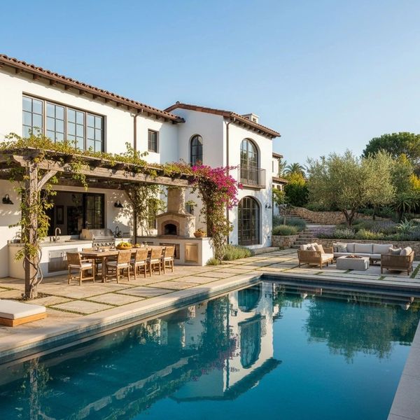 modern Spanish house with a beautiful backyard that includes an outdoor kitchen, pergola, and pool.