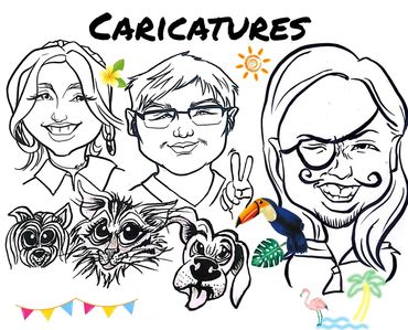 Caricatures header with three guests and their pets in a caricature drawing.