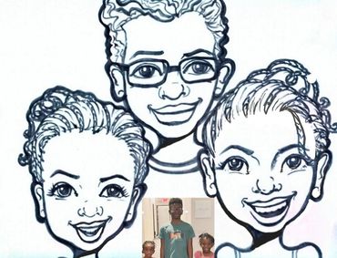 Three African American kids and their caricature drawings on one sheet.
