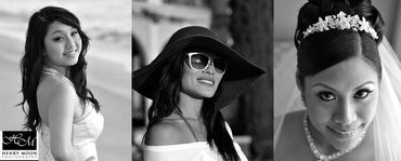Three women: One looking from side angle, one with hat & sunglasses and one of bride looking up.