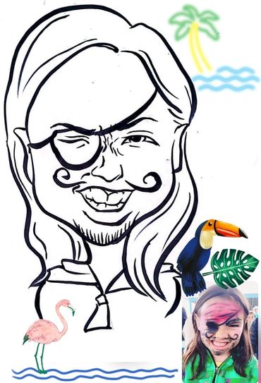 Little girl with a pirate face painting in caricature form next to her photo.
