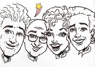 Caricature drawing of 4 celebrityhead shots.
