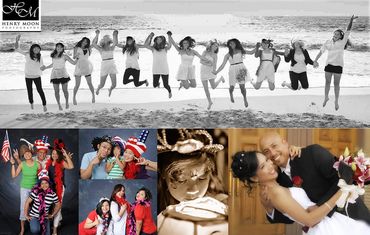 Big group jumping mid-air at the beach, photobooth photos and wedding shot of Vance and Sheryl.