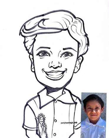 Hispanic boy wearing a white button up shirt, smiling next to his larger size caricature drawing.