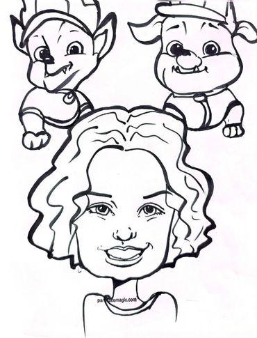 Guest caricature with 2 Paw Patrol cartoon characters.