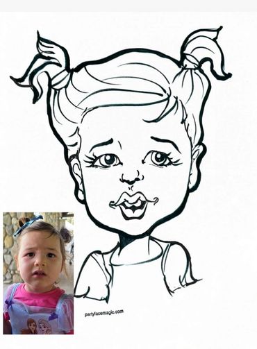 Three year old girl with a worried look in caricature drawing next to her photo.