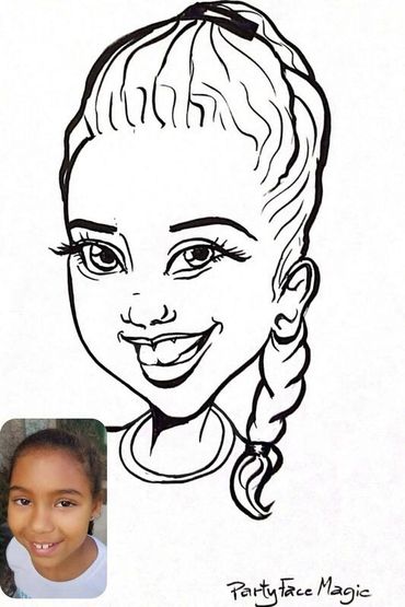 Dark skinned little girl in a high braided ponytail in caricature form next to her photo.