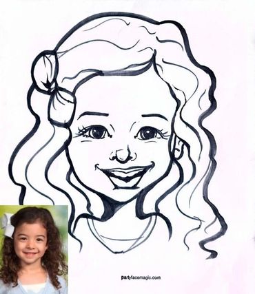Adorable little girl with long wavy flowing dark brown hair in caricature drawing next to her photo.