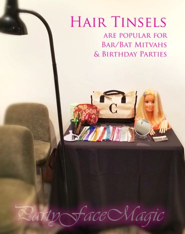 Hair tinsels station set up at a Bat Mitvah birthday event in Los Angeles.
