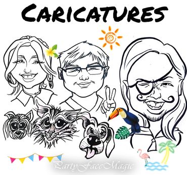 Black and white caricatures of people and dogs with colorful tropical stickers.