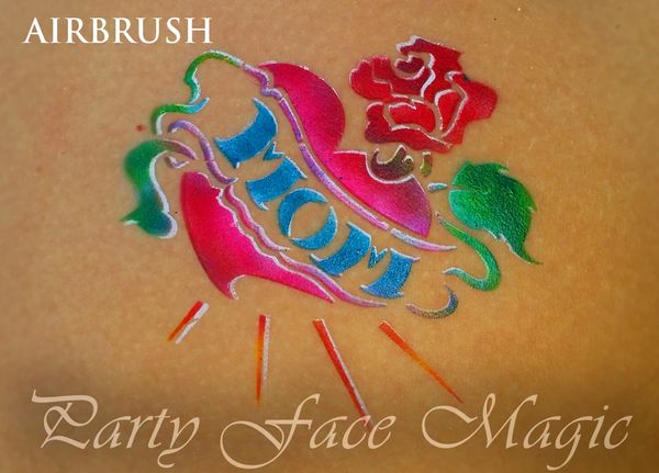 Party Face Magic Airbrush tattoo that says Mom inside a rose and heart.