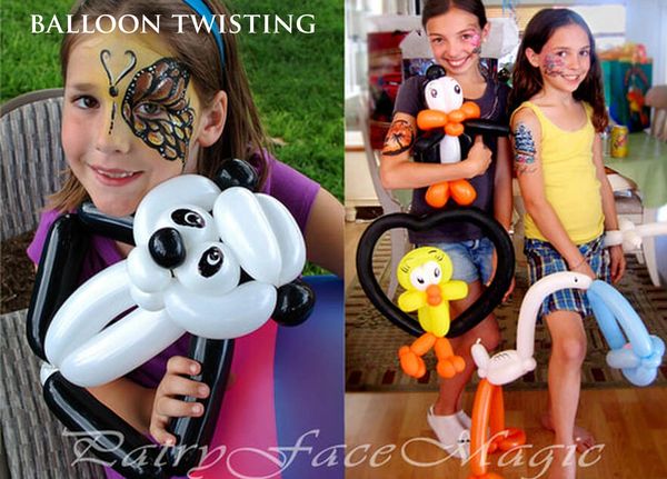 Party Face Magic Balloon twisting pictures side by side of panda bear, penguin, Tweety bird, Stork.
