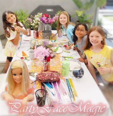 Birthday party with DIY Flower Crown Making station and hair tinsels by Party Face Magic: LA and OC