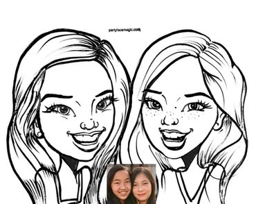 Twins Lauren and Justine's caricature drawings next to their own real head shot photo.
