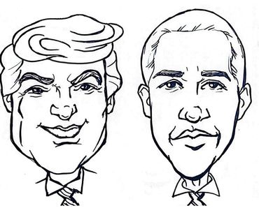 Caricatures of Trump and Obama.