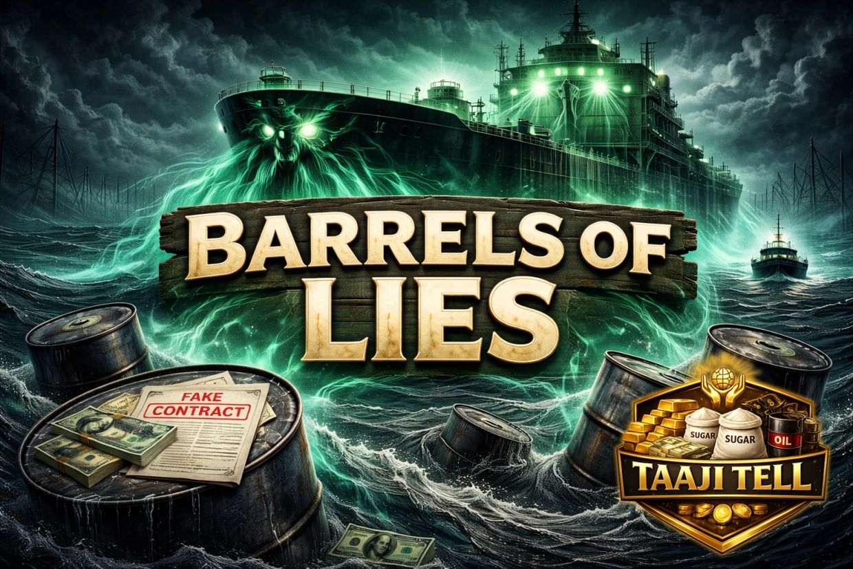 A dark sea with barrels, fake contracts, and a ghostly ship titled 'Barrels of Lies'.