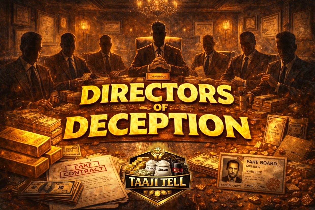 Dark boardroom scene with men, money, and the title Directors of Deception.