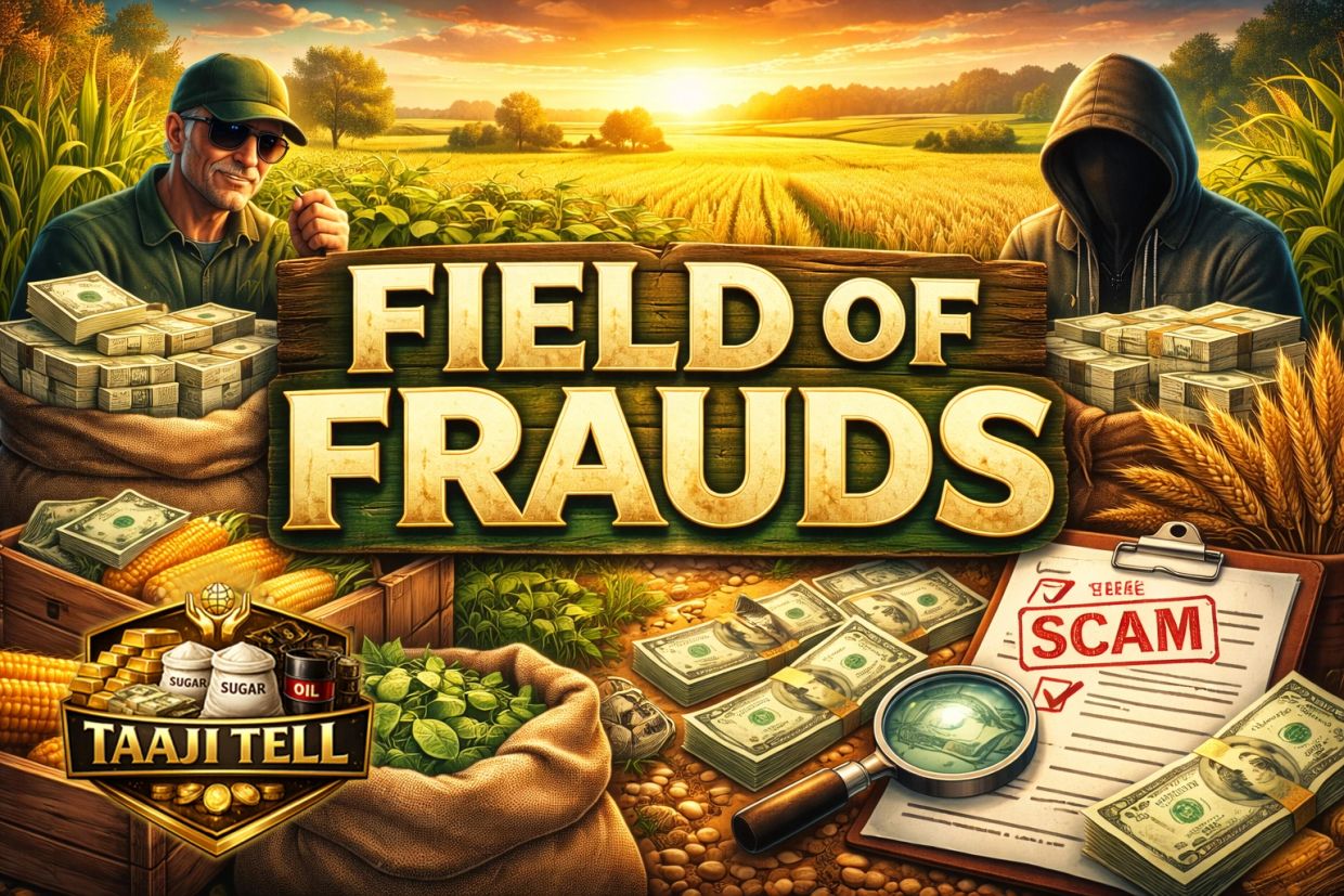 Illustration of a scam theme in agriculture titled 'Field of Frauds'.