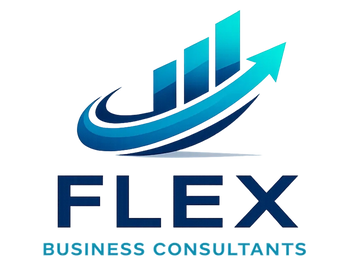 Logo of Flex Business Consultants with upward graph arrow.