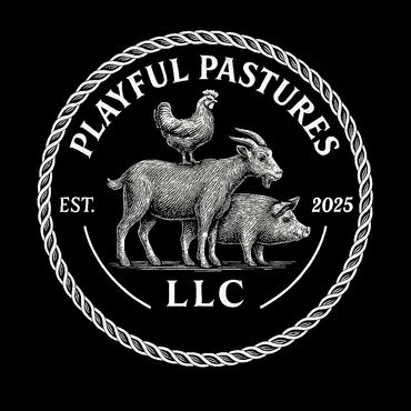 Logo of Playful Pastures LLC with a goat, pig, and chicken in vintage style.