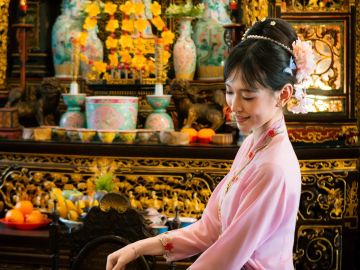 A woman in traditional pink attire poses gracefully in a richly decorated room.