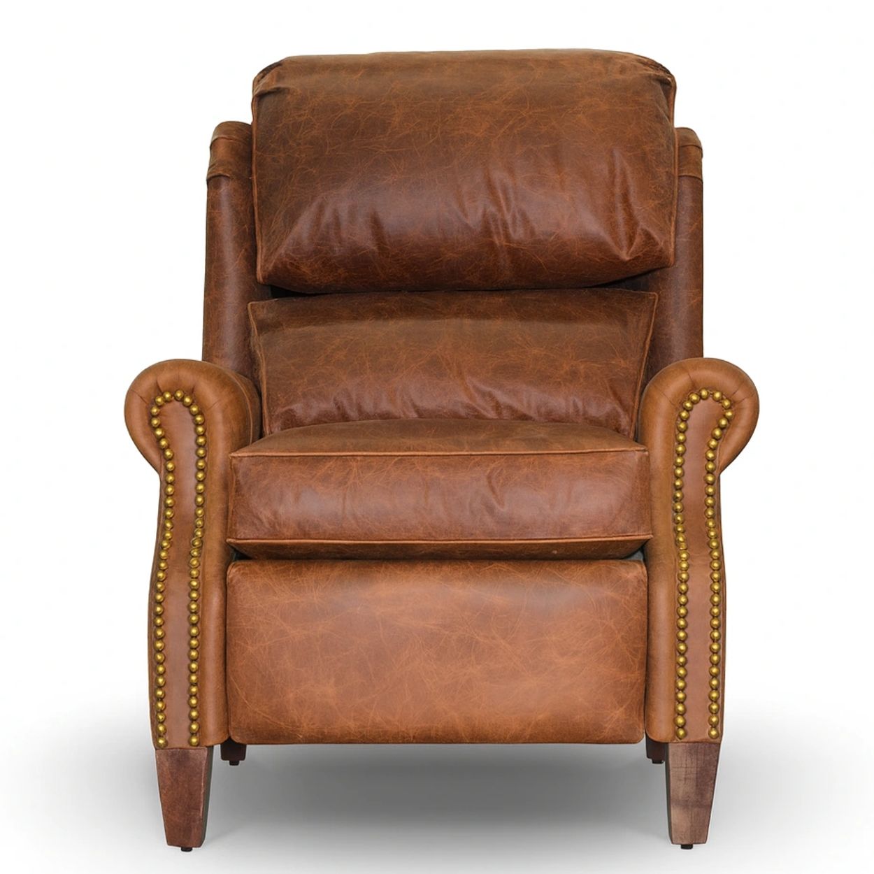 Classic brown leather armchair with nailhead trim and cushioned seat.