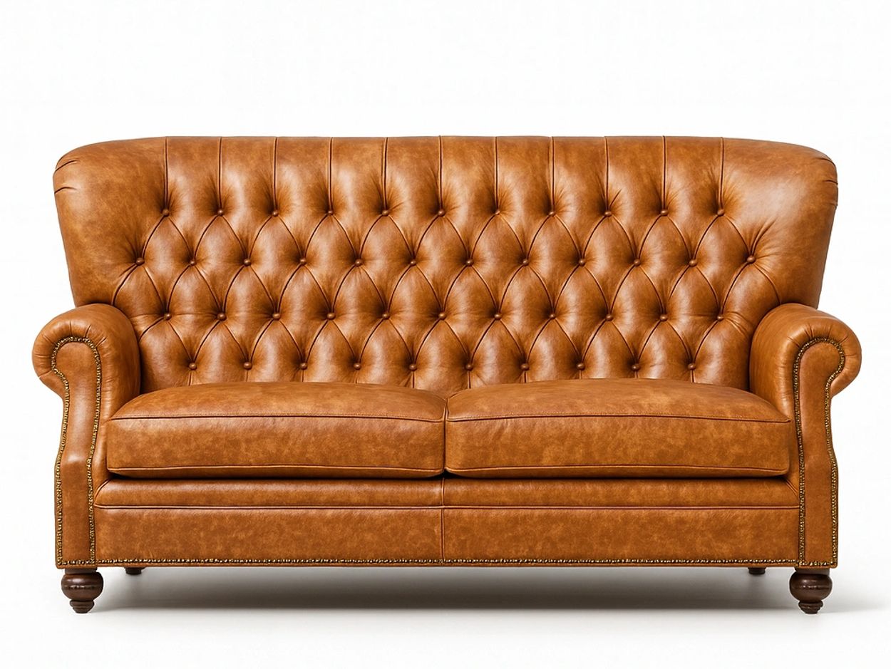 Elegant brown leather tufted sofa with rolled arms and wooden legs.