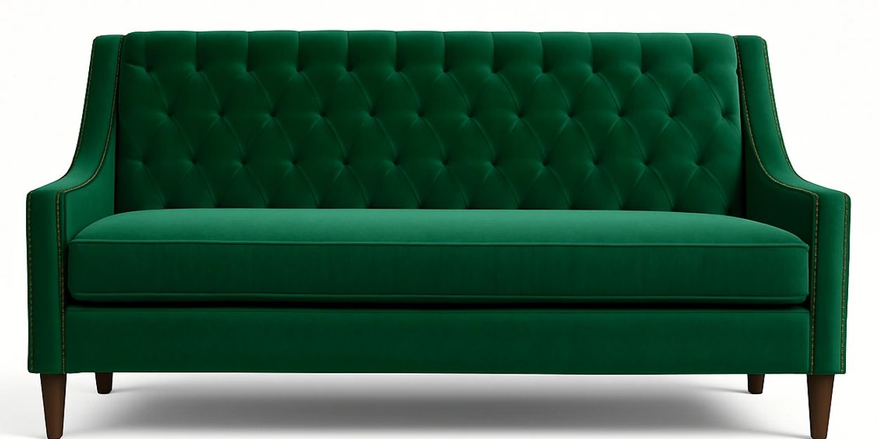 Elegant emerald green velvet sofa with tufted back and wooden legs.