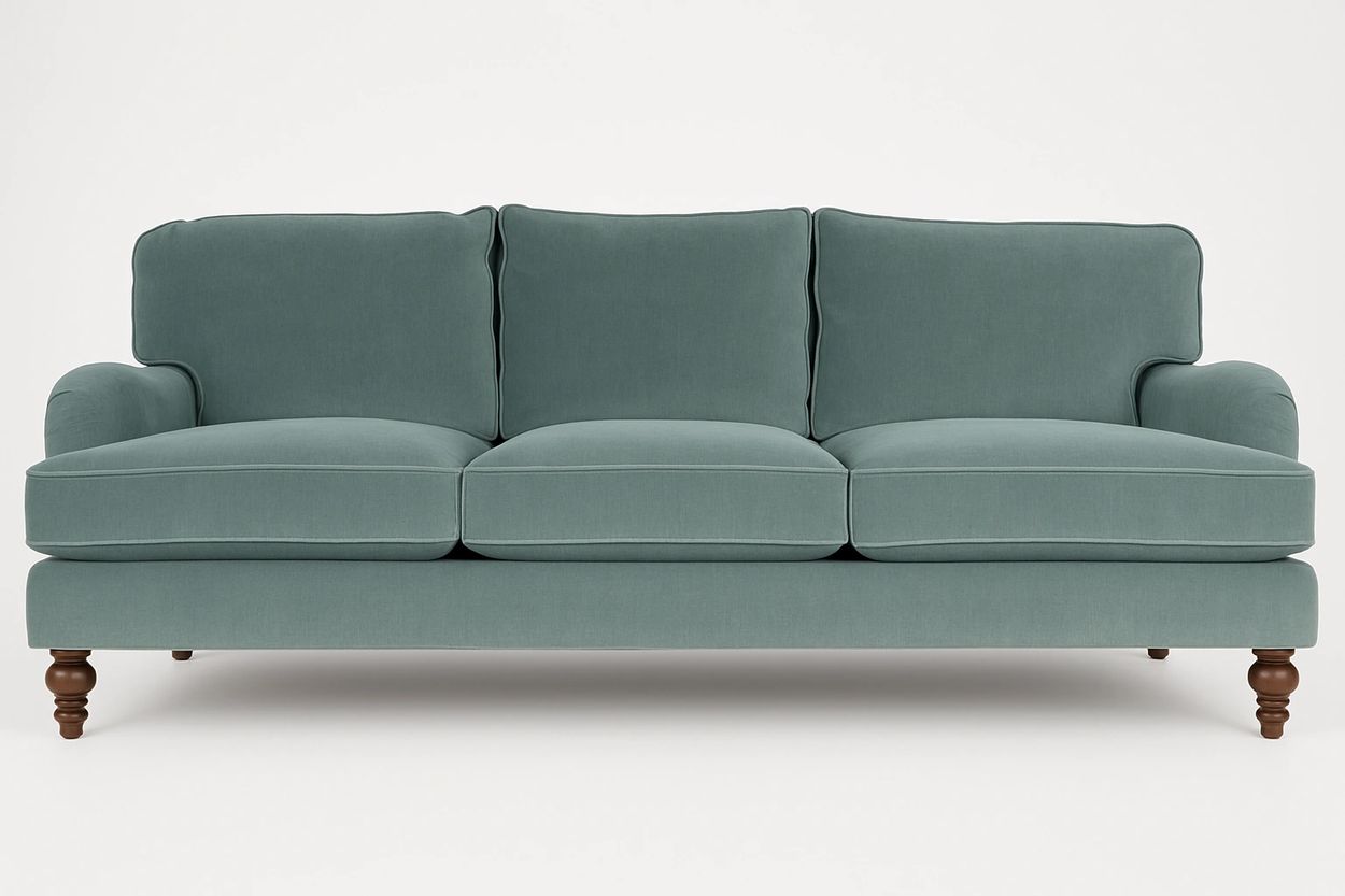Elegant teal sofa with wooden legs and plush cushions.