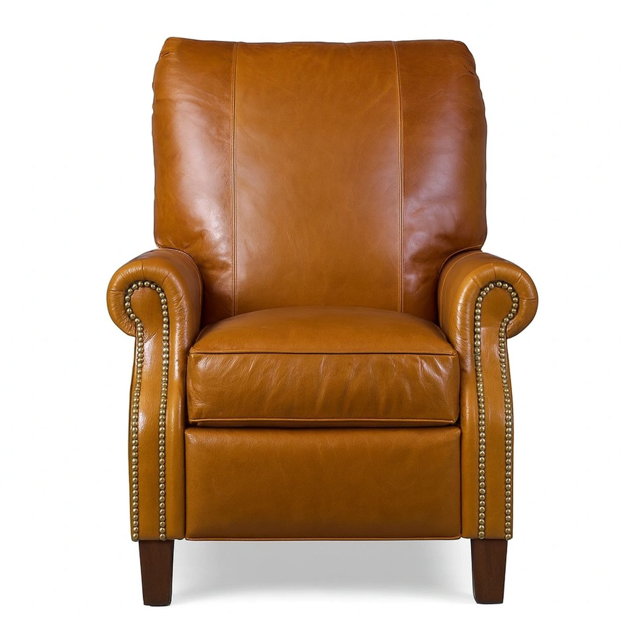 Classic brown leather armchair with nailhead trim and wooden legs.