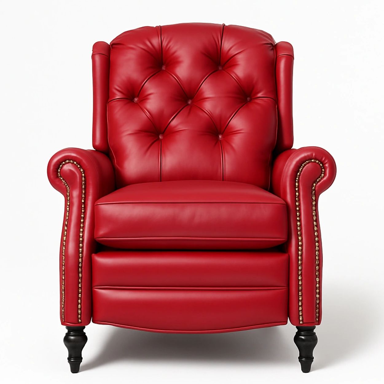 Elegant red leather armchair with tufted back and nailhead trim.