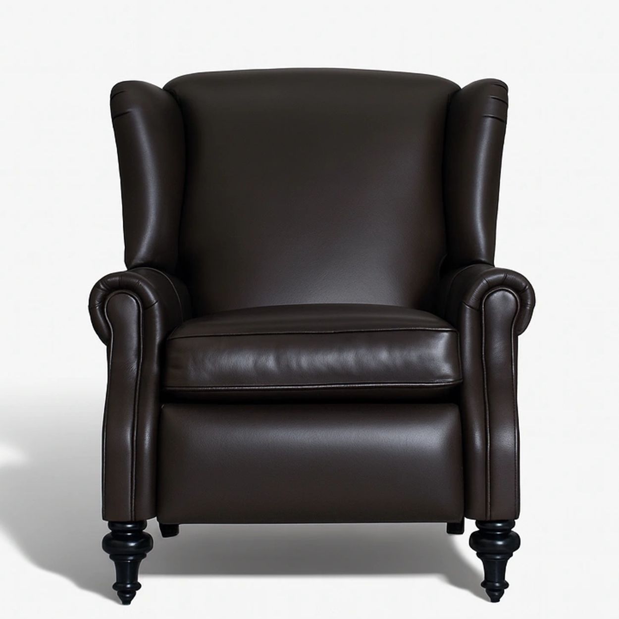 Elegant dark brown leather armchair with classic rolled arms and black turned legs.