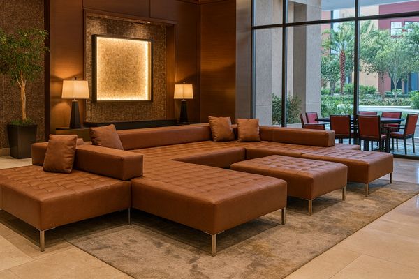 Modern brown sectional sofa in a stylish hotel lobby with large windows.