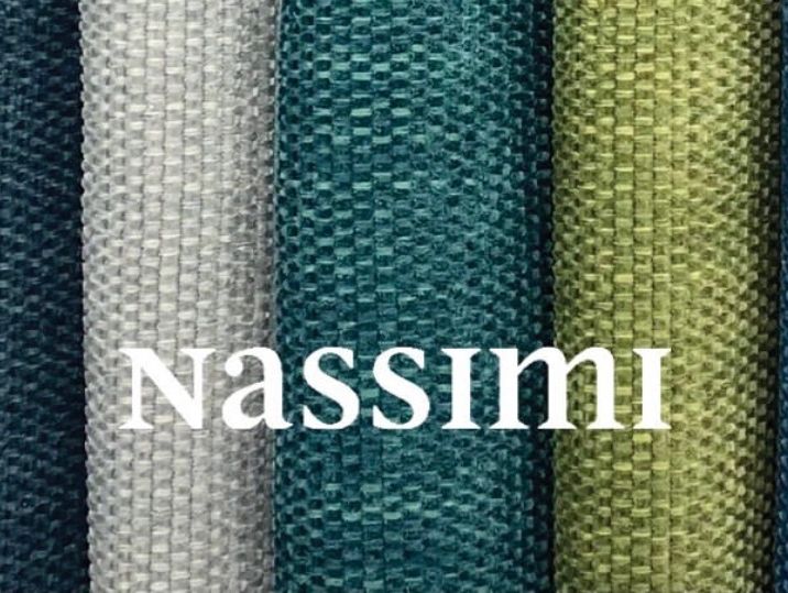 Close-up of textured fabric rolls in various colors with 'Nassimi' text overlay.