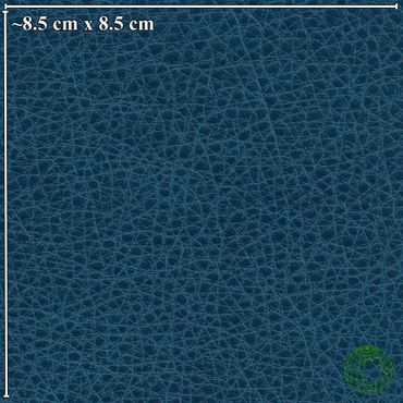 Close-up of textured blue leather with size reference and green globe logo.