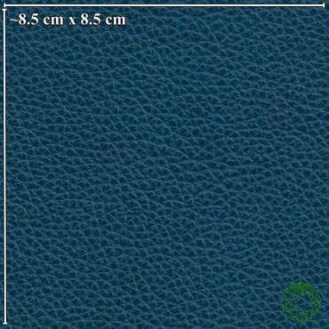 Close-up of textured dark blue leather with size reference 8.5 cm by 8.5 cm.