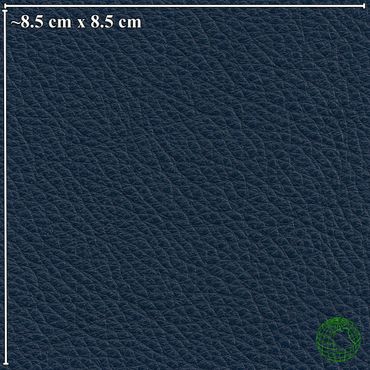 Close-up of textured dark blue leather with dimensions 8.5 cm by 8.5 cm.