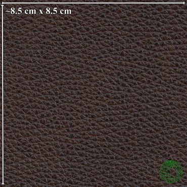 Close-up of dark brown textured leather with dimensions 8.5 cm by 8.5 cm.