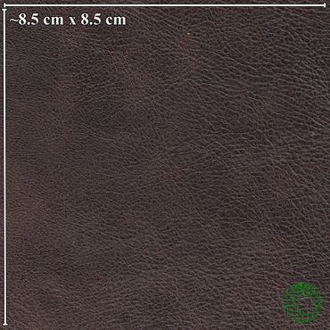 Close-up of textured dark brown leather with an 8.5 cm square scale.