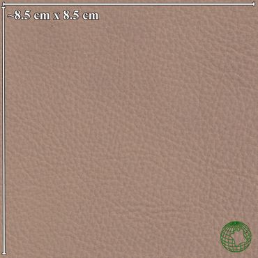 Close-up of textured light brown leather with size and globe icon.