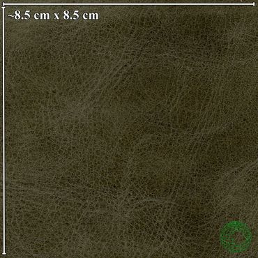Close-up of textured dark green leather with size reference 8.5 cm by 8.5 cm.