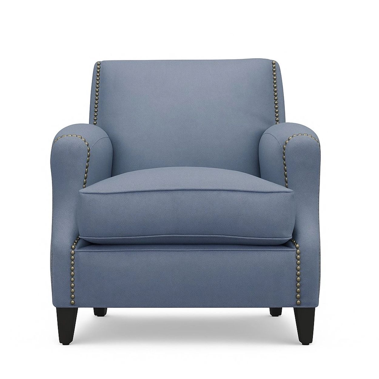 Blue upholstered armchair with nailhead trim and black legs.