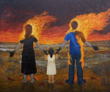 Family holding together while burning